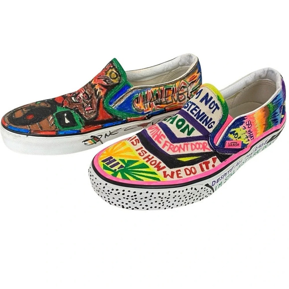 VANS Sneakers Custom Hand Drawn Graffiti Slide On Shoes Women 7.5 Men 6 Upcycled - Picture 11 of 16
